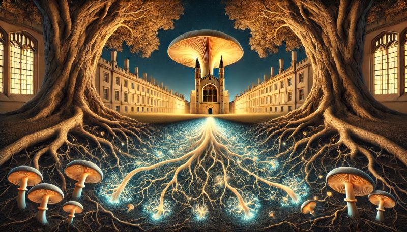A surreal Cambridge college framed by tree roots and glowing mushrooms.