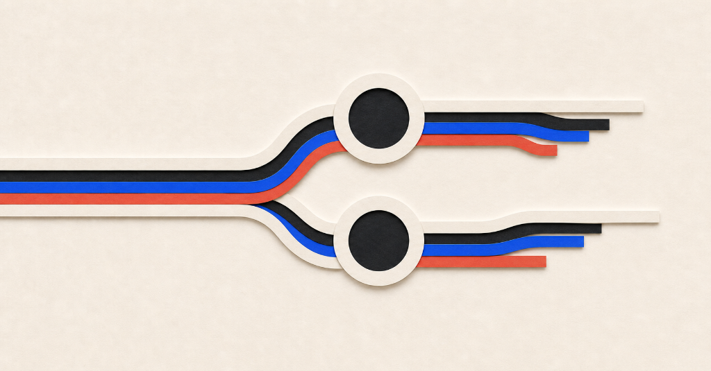 Parallel paper ribbons navigating dual node rings representing institutional and non-institutional education pathways.