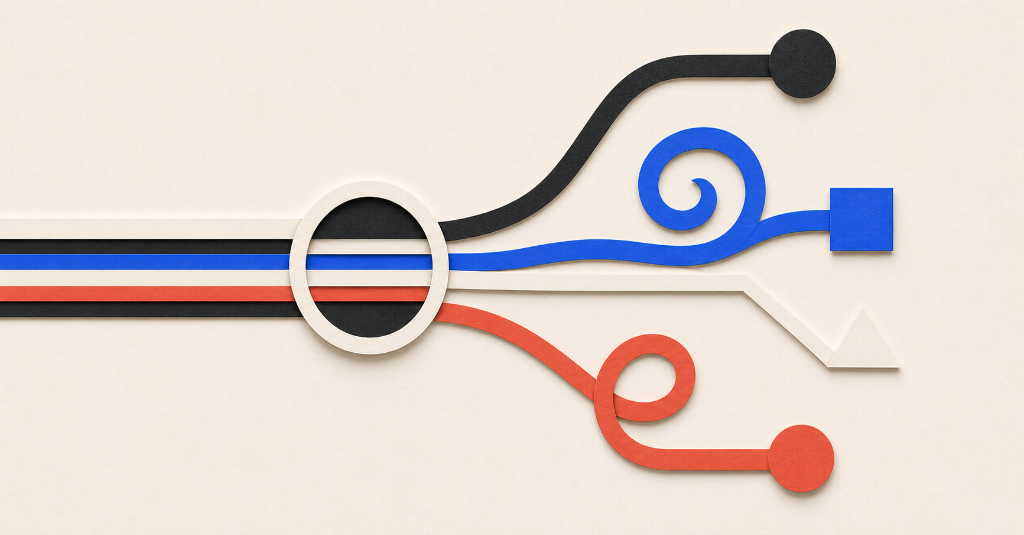 Paper ribbons branching out into distinct circular, spiral, square, and triangular end nodes.
