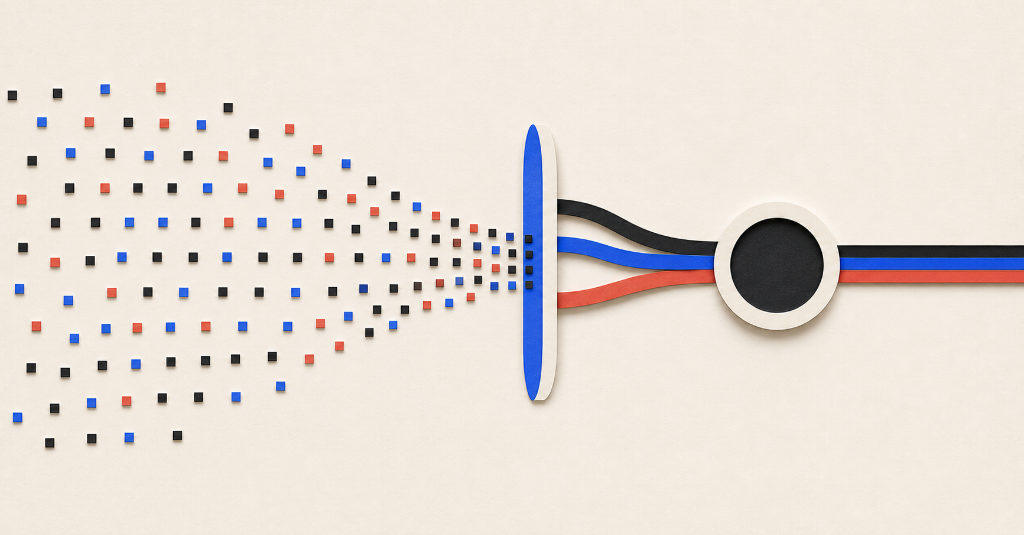 Scattered square data particles funneling through a blue aperture into organized ribbons.